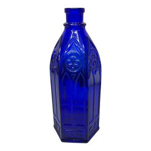 Carters Cathedral Cobalt Blue Embossed Glass Bottle Hexagon Quart Gothic Design